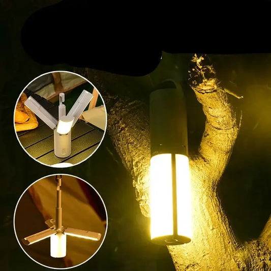 Portable, foldable LED camping light with adjustable arms.