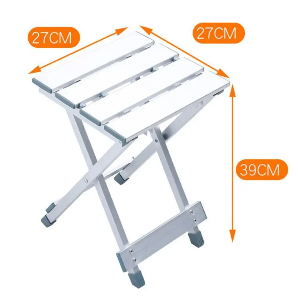 Folding aluminum stool with dimensions labeled.