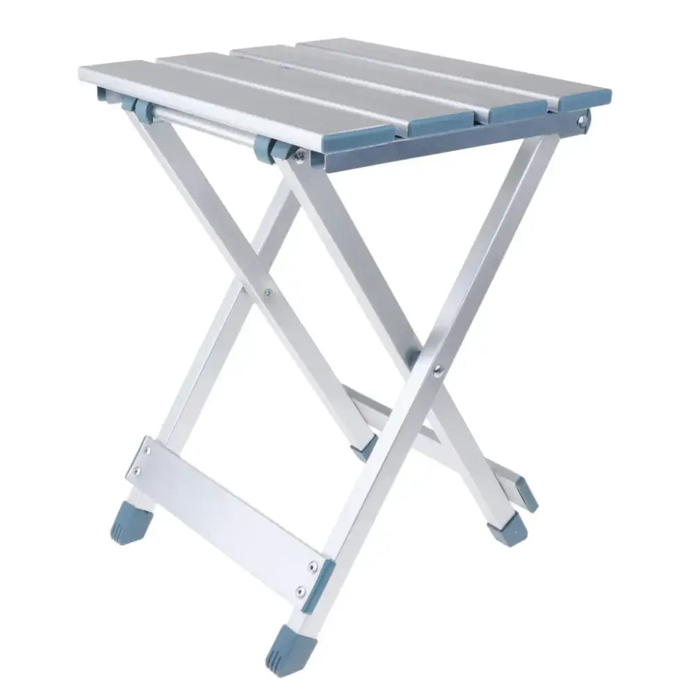 Folding aluminum stool or side table with a slatted top and X-shaped legs.