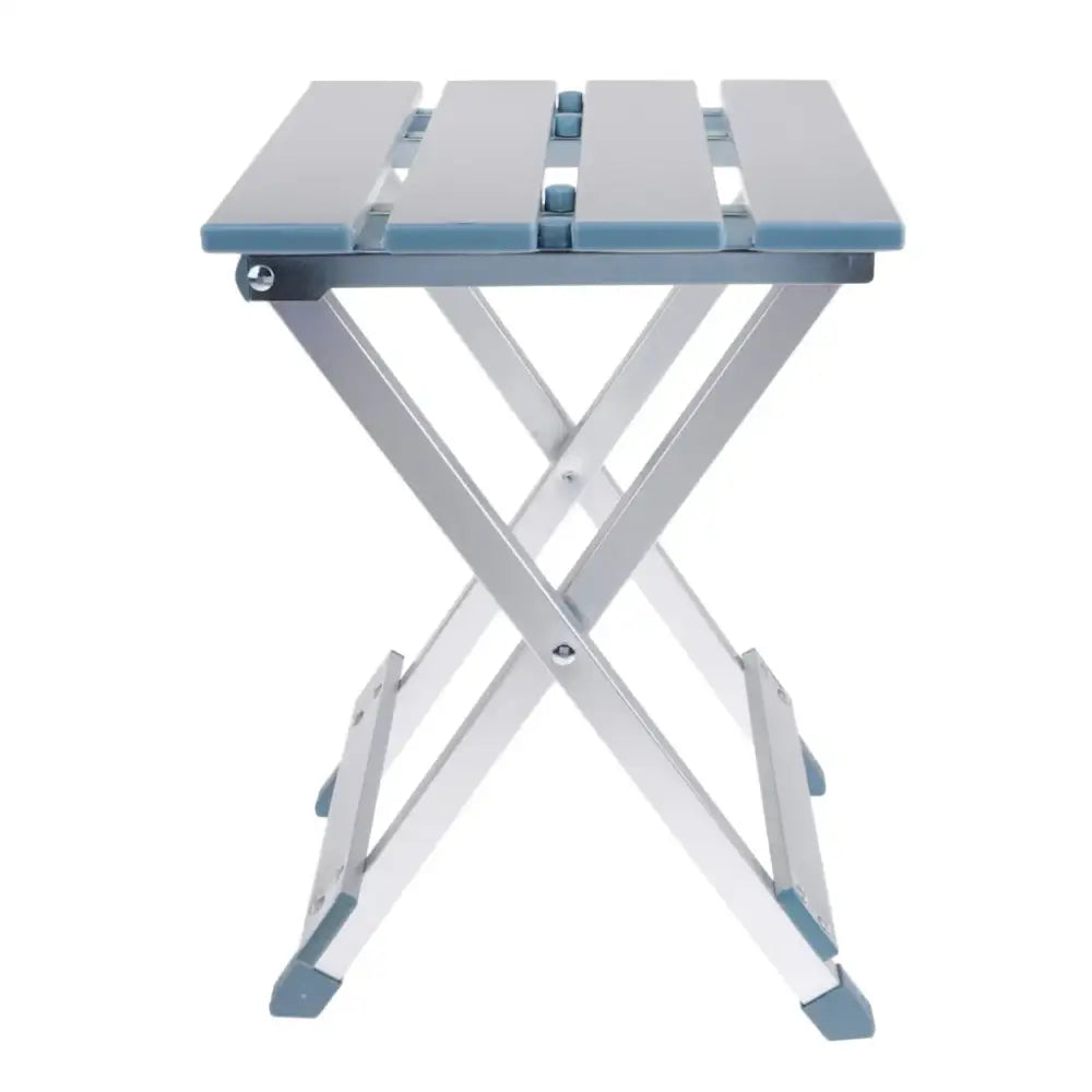 Folding table with a slatted top and X-shaped legs.