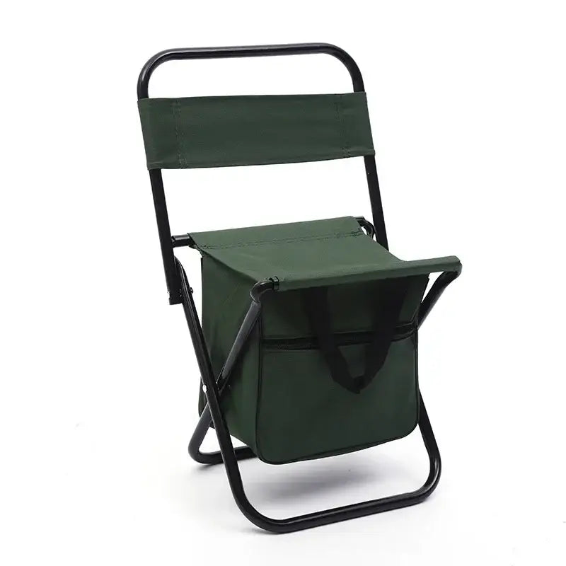 Folding camping chair with attached storage compartment beneath the seat.