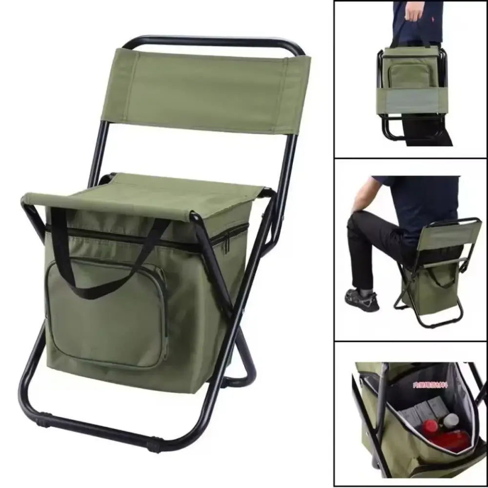 Folding camping chair with attached storage compartment underneath the seat.