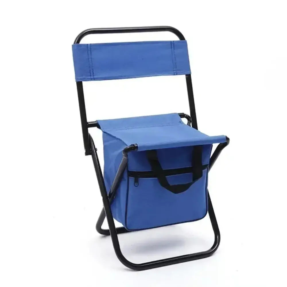 Folding chair with attached storage compartment in bright blue fabric.