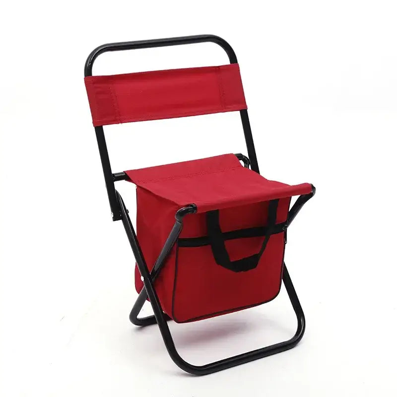 Folding chair with attached storage compartment in bright red fabric.