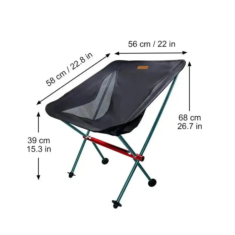 Collapsible camping chair with dimensions labeled.