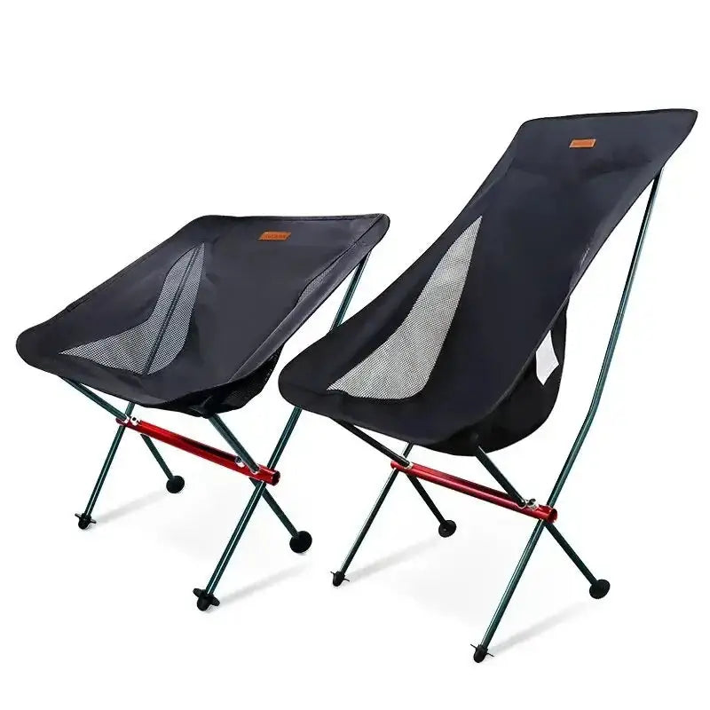 Pair of portable folding camping chairs with black mesh seats and metal frames.