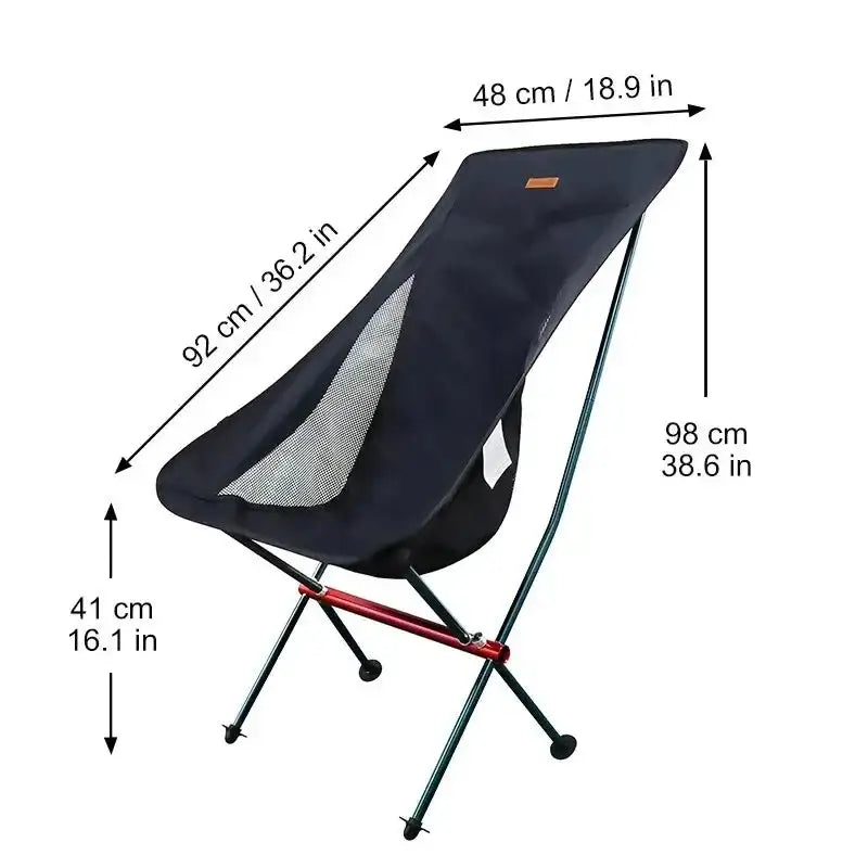 Portable folding camping chair with dimensions labeled.