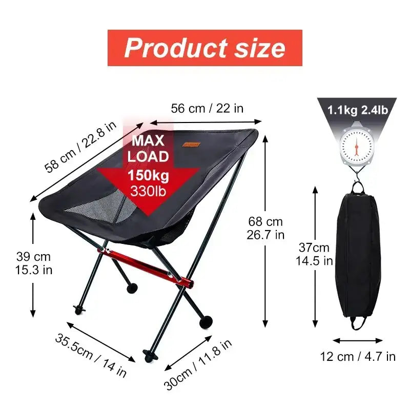 Portable folding camping chair with dimensions and weight capacity specifications.