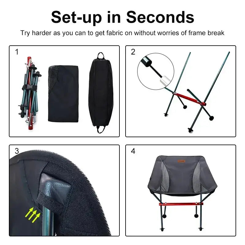 Portable camping chair with setup instructions shown in four steps.