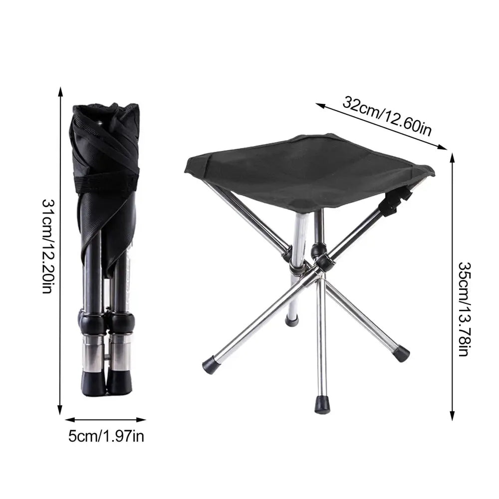 Folding camping stool with dimensions labeled.