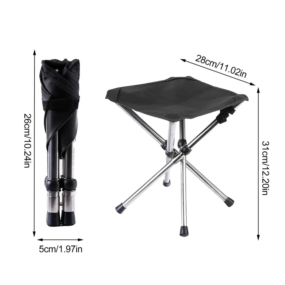 Portable folding camping stool with dimensions labeled.