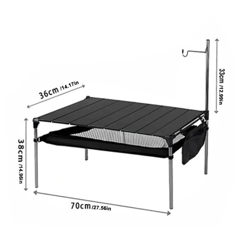 Portable camping table with a grill rack and side storage.