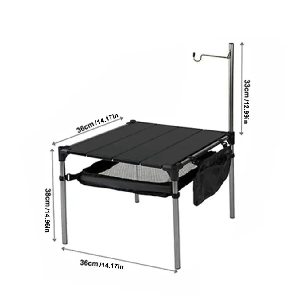 Portable camping table with side pockets and an attachable pole.