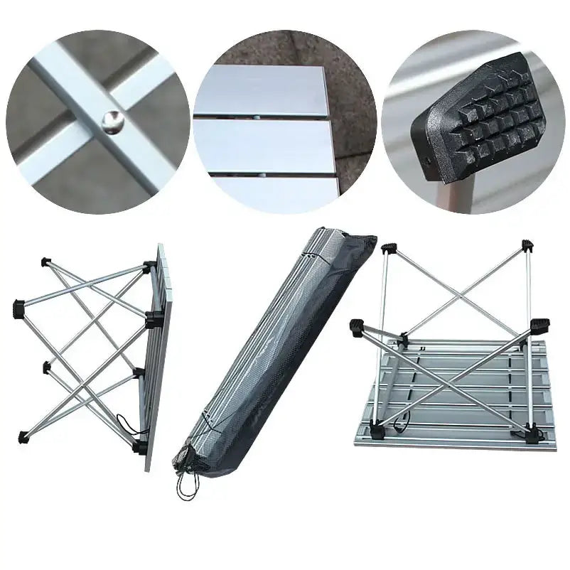 Collapsible camping table with metal frame and white top panels.