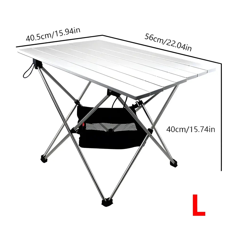 Portable folding table with aluminum top and storage shelf underneath.