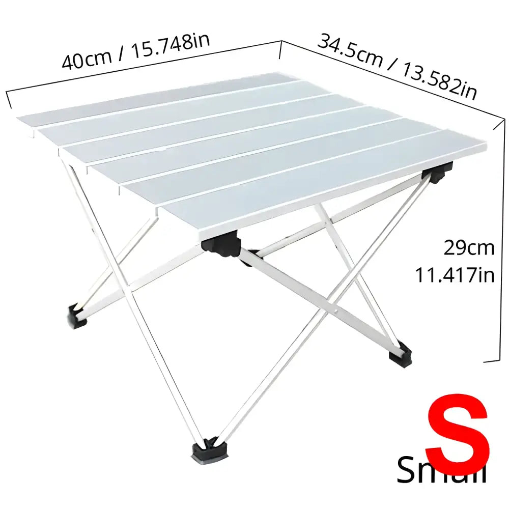 Portable folding aluminum camping table with dimensions labeled.