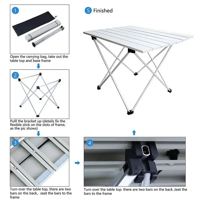 Portable folding aluminum camping table with assembly instructions.