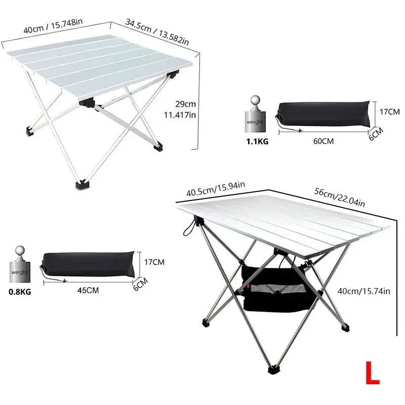 Portable folding camping table with dimensions and carrying case.