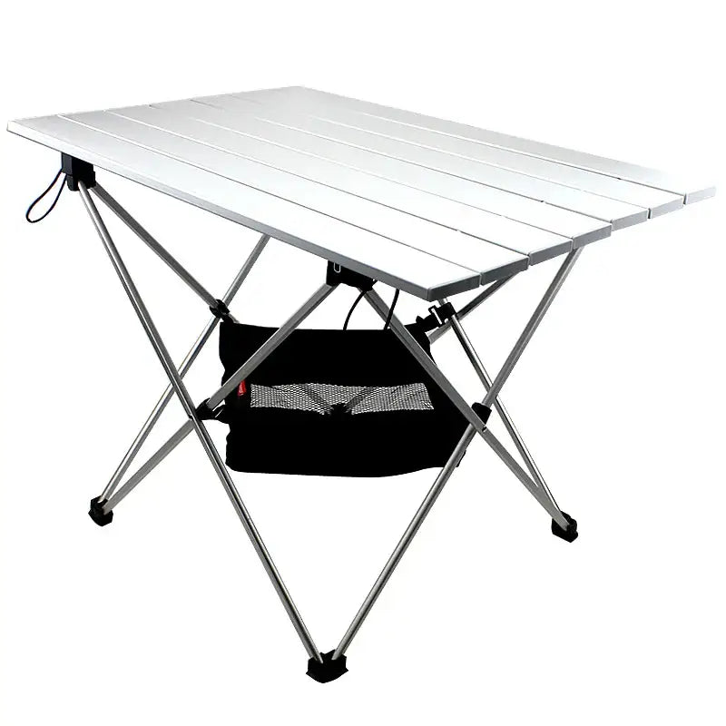 Portable folding table with a white top and metal legs, featuring a black mesh storage compartment underneath.