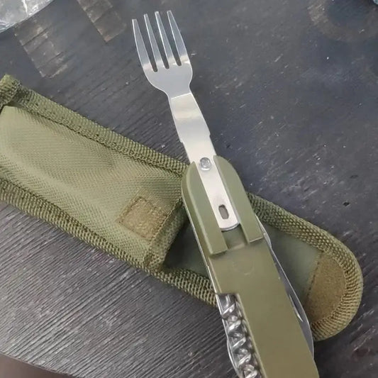 Folding camping utensil with fork and knife attachments in an olive green case.