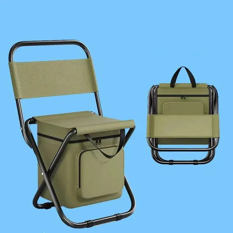 Folding chair with attached cooler compartment and backrest.