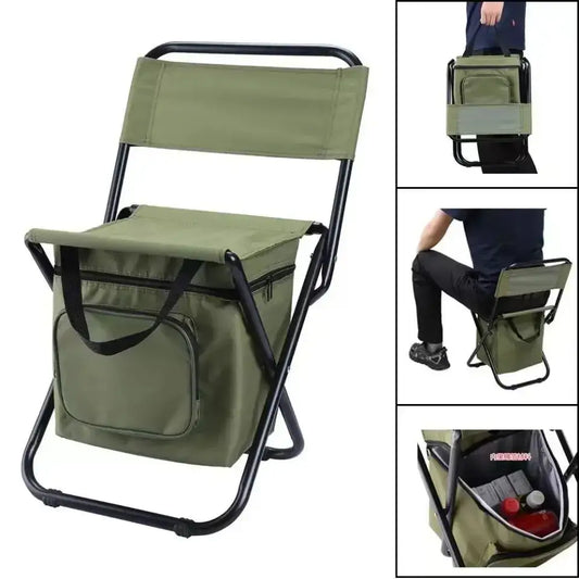 Folding camping chair with attached storage compartment.