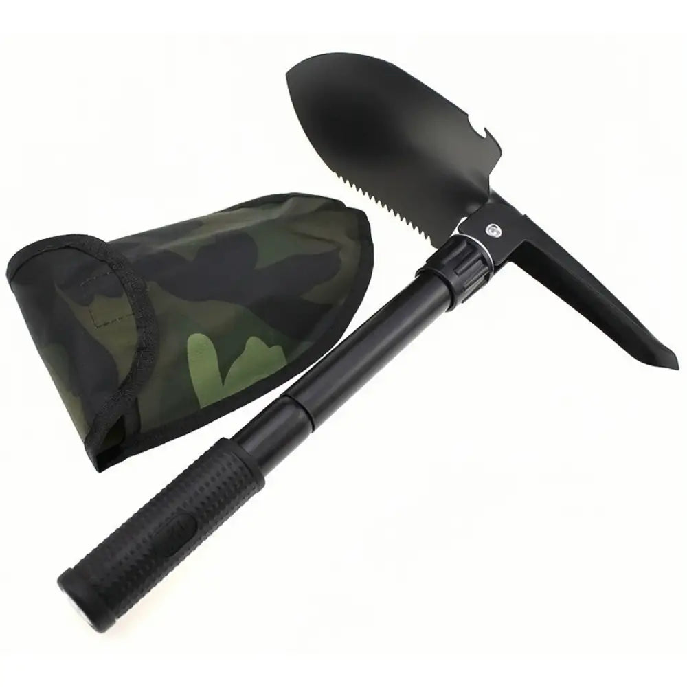 Folding military-style entrenching tool with a camouflage carrying case.