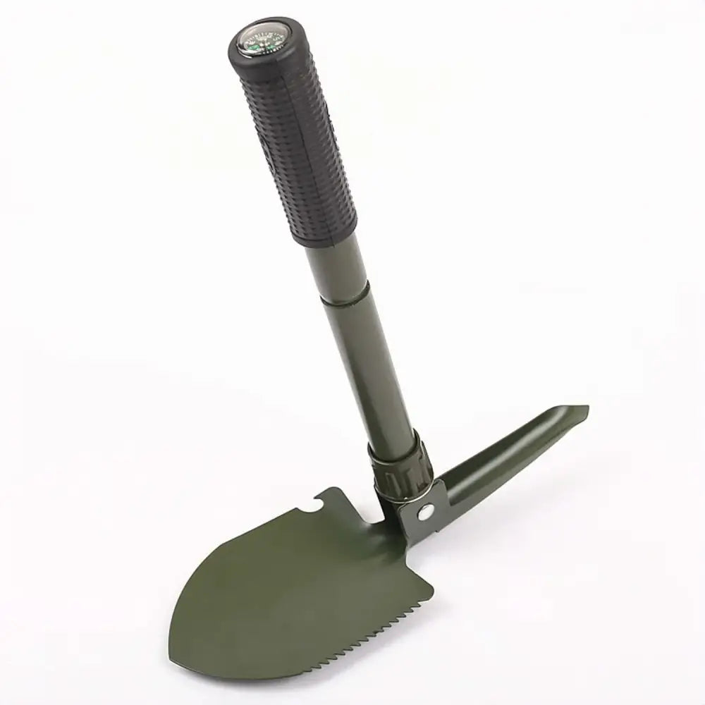 Folding military-style entrenching tool with a serrated edge.