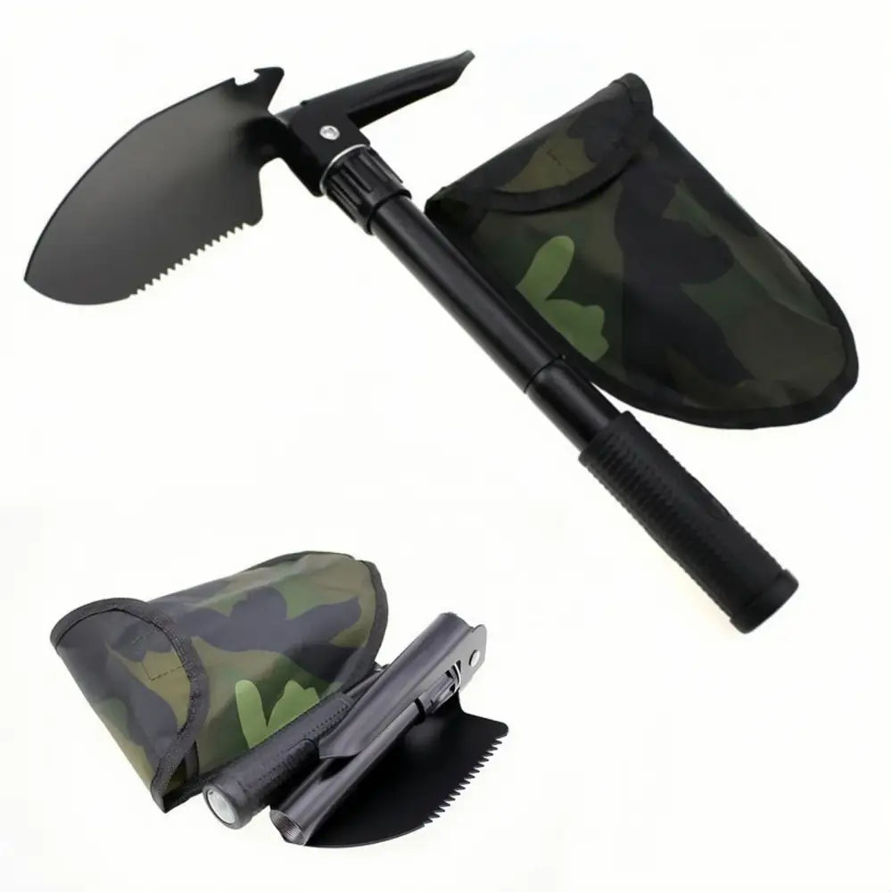 Folding military-style shovel with a serrated edge and camouflage carrying case.