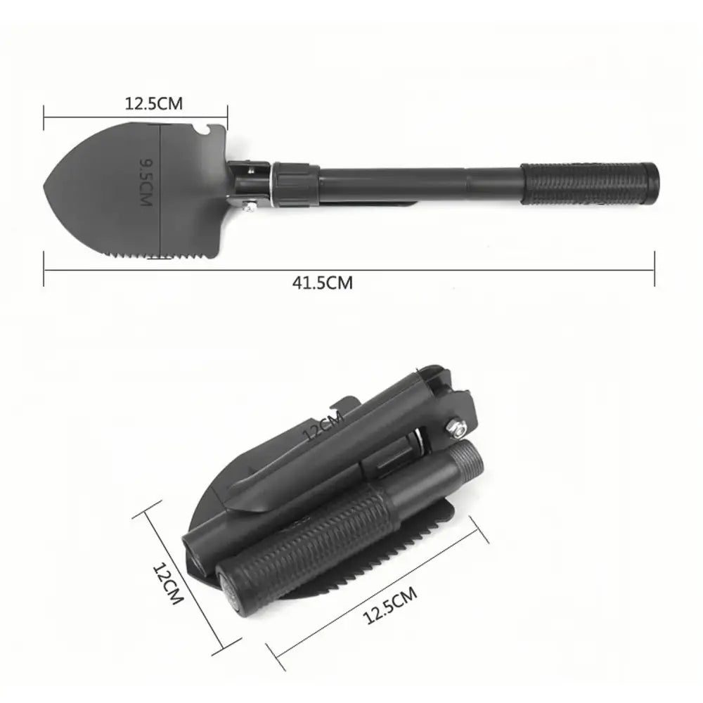 Folding military-style entrenching tool or shovel with serrated edge.