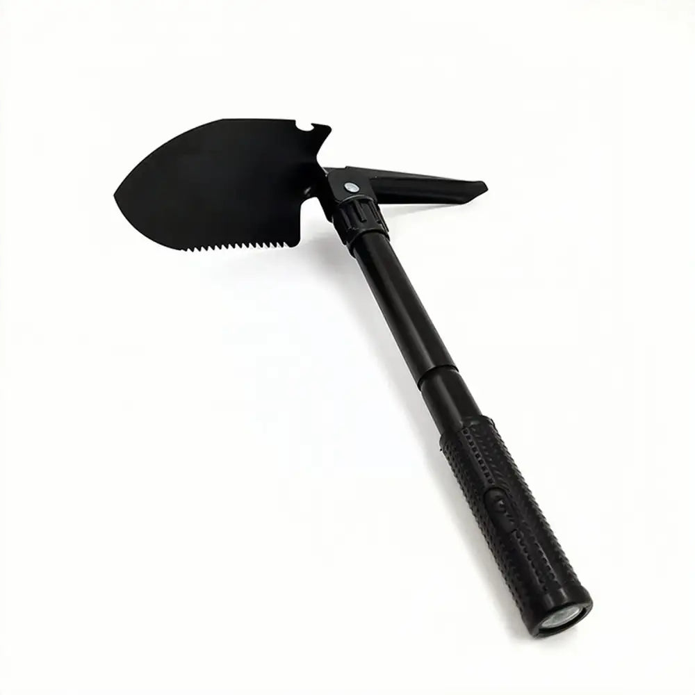 Folding shovel with a serrated edge and black handle.