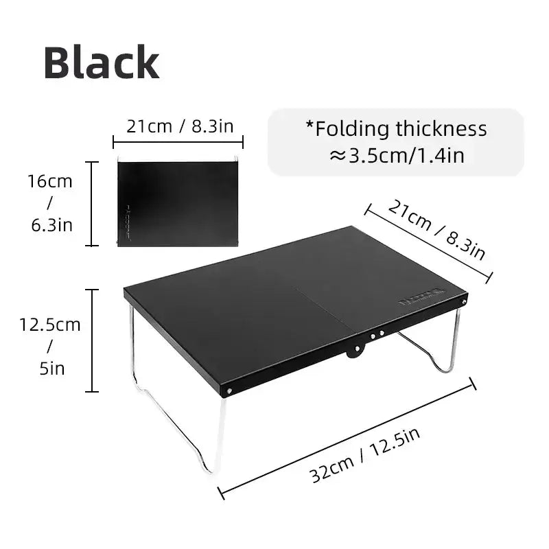 Folding black laptop stand with dimensions labeled.