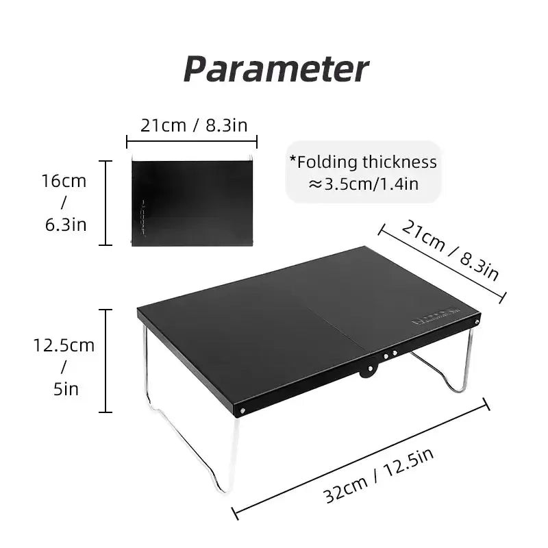 Folding laptop stand or desk with dimensions labeled.