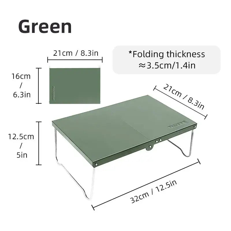 Folding green metal table or platform with dimensions labeled.