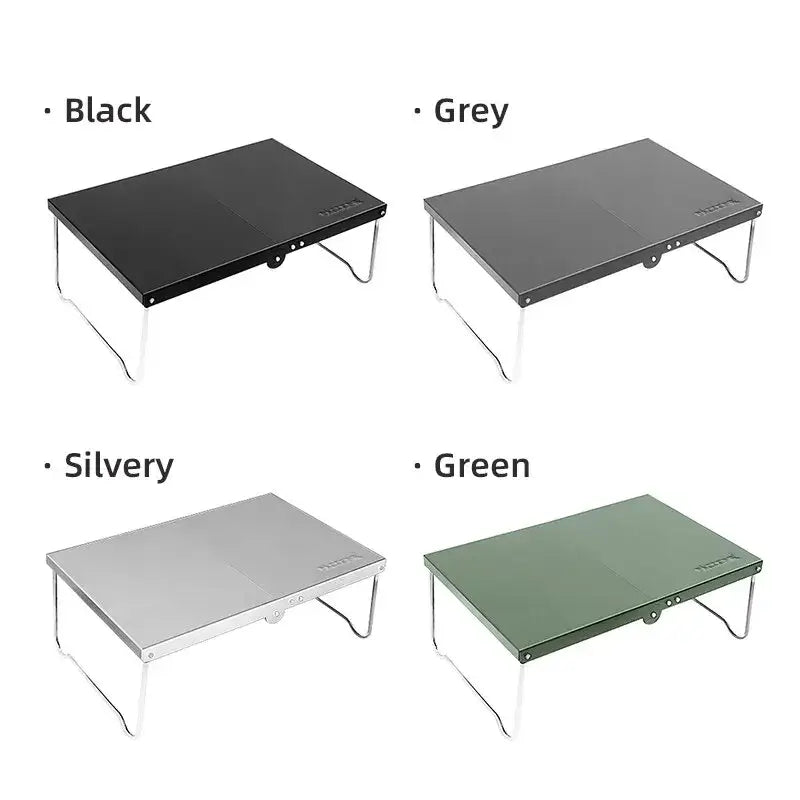 Folding table available in four color options: black, grey, silvery, and green.