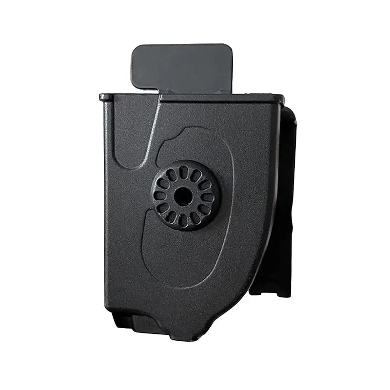 Black plastic magazine holder or ammunition clip with a circular pattern on its side.