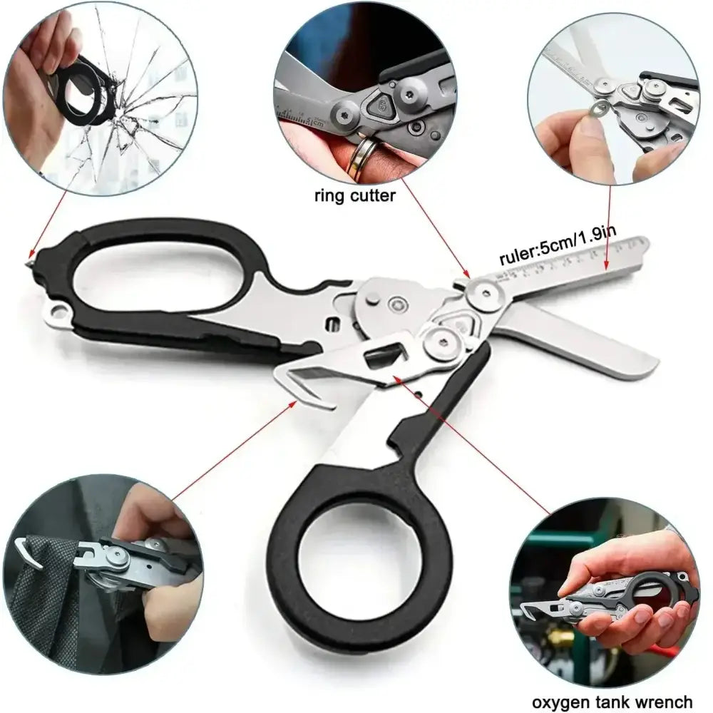 Multi-functional tool combining scissors, pliers, and various specialized attachments.