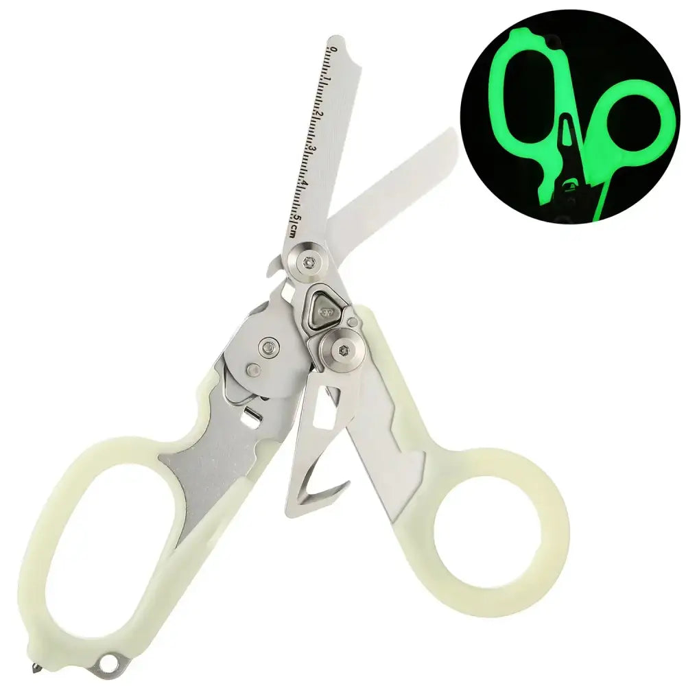 Multi-tool device featuring scissors with glow-in-the-dark handles.