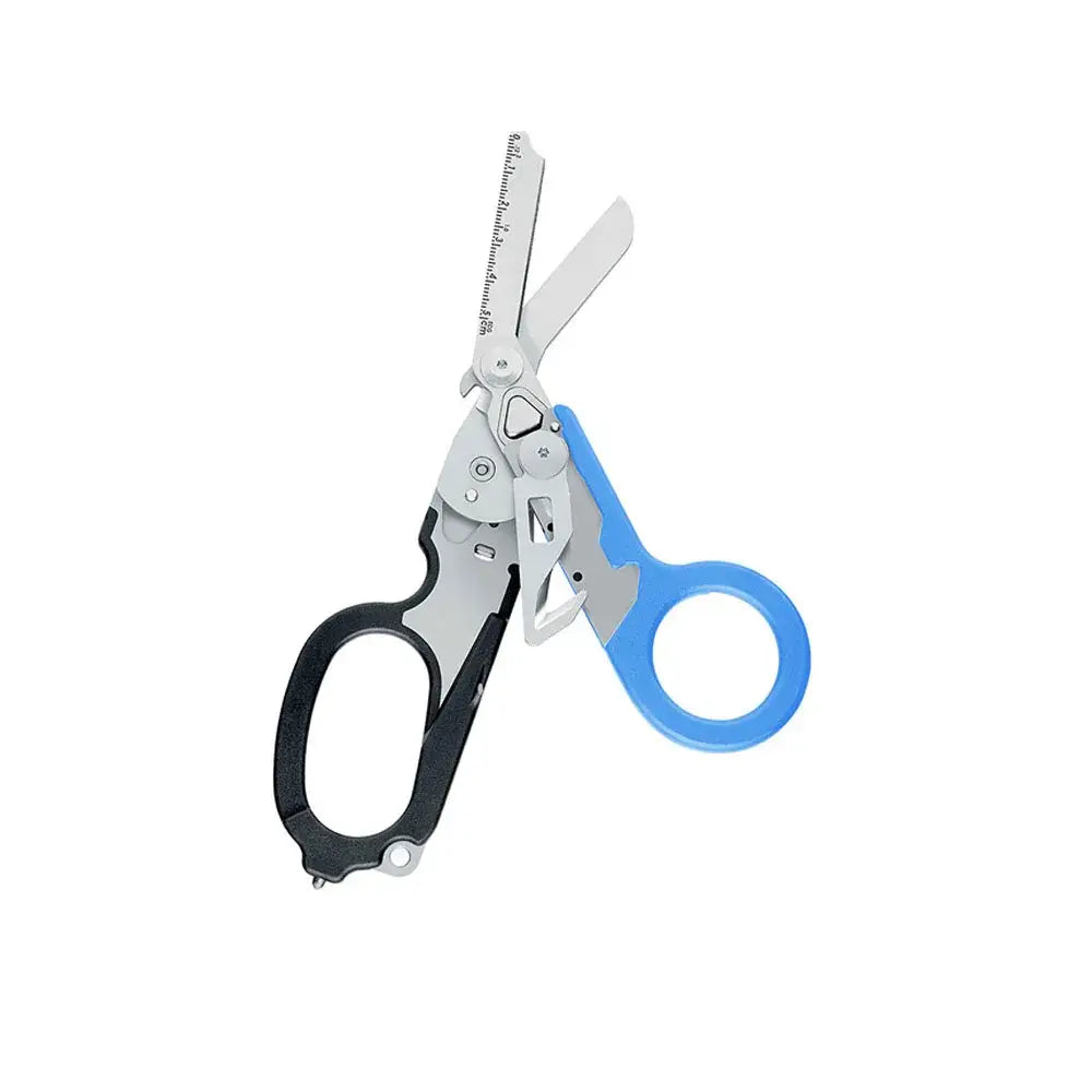 Multi-tool combining scissors and pliers with blue and black handles.