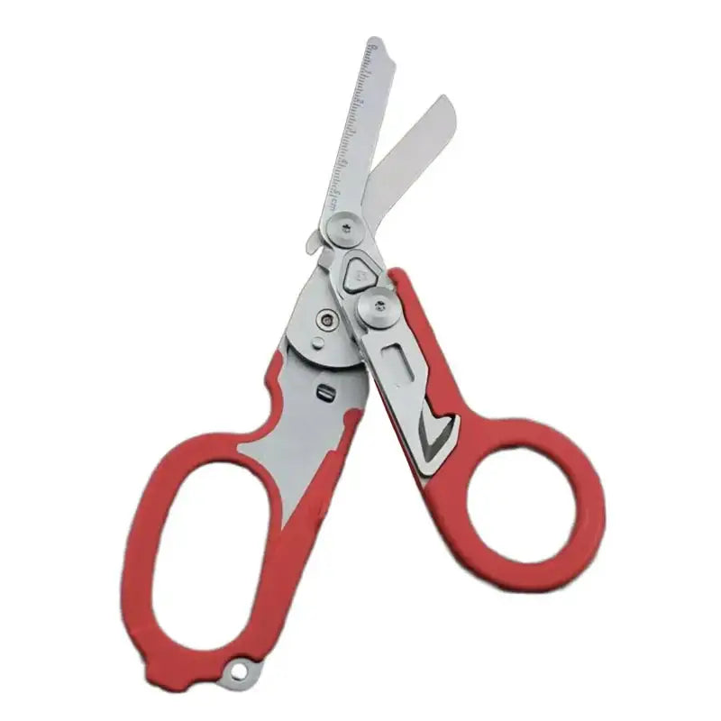 Multi-tool scissors with red handles and folding metal blades.