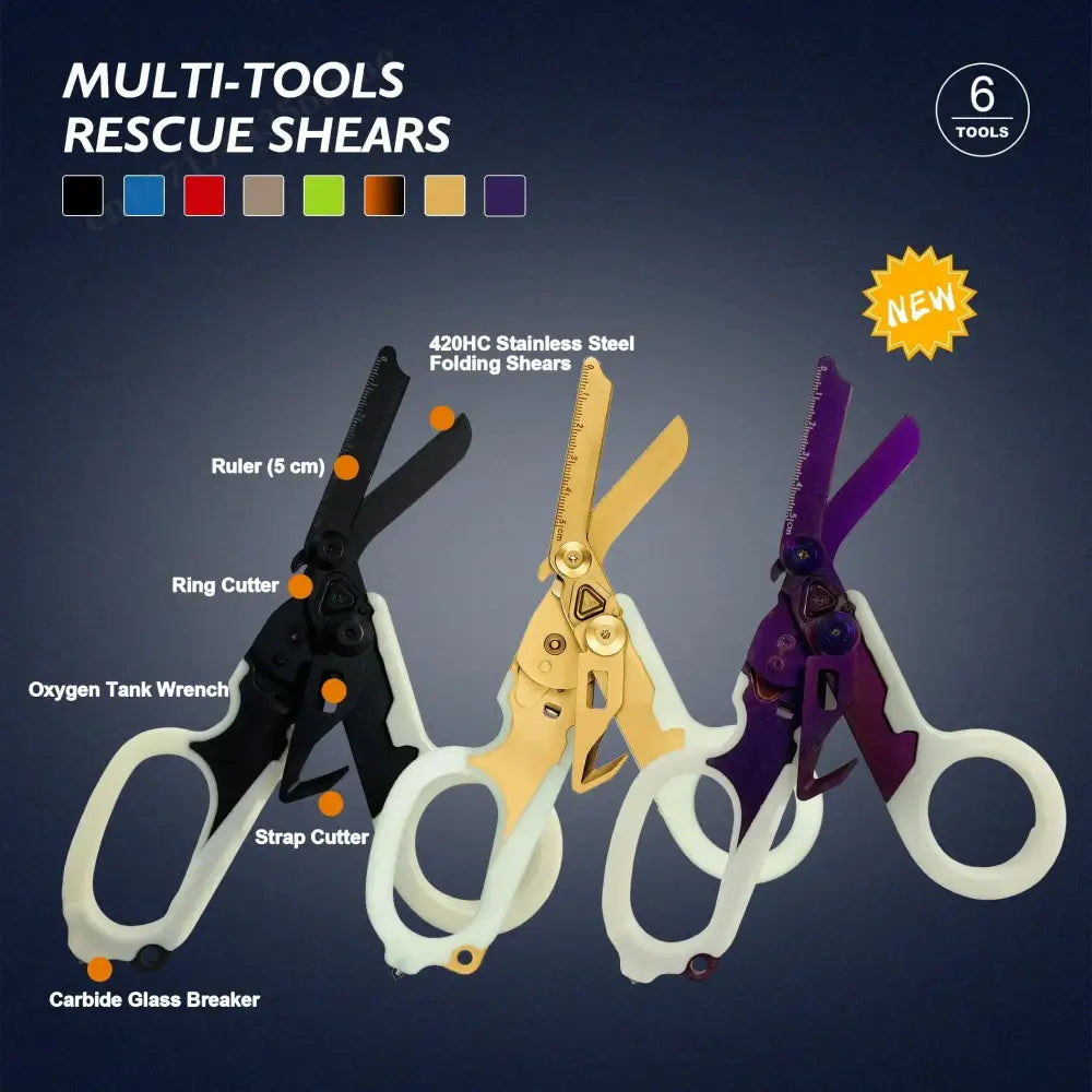 Multi-tools rescue shears in black, yellow, and purple colors with various integrated functions.