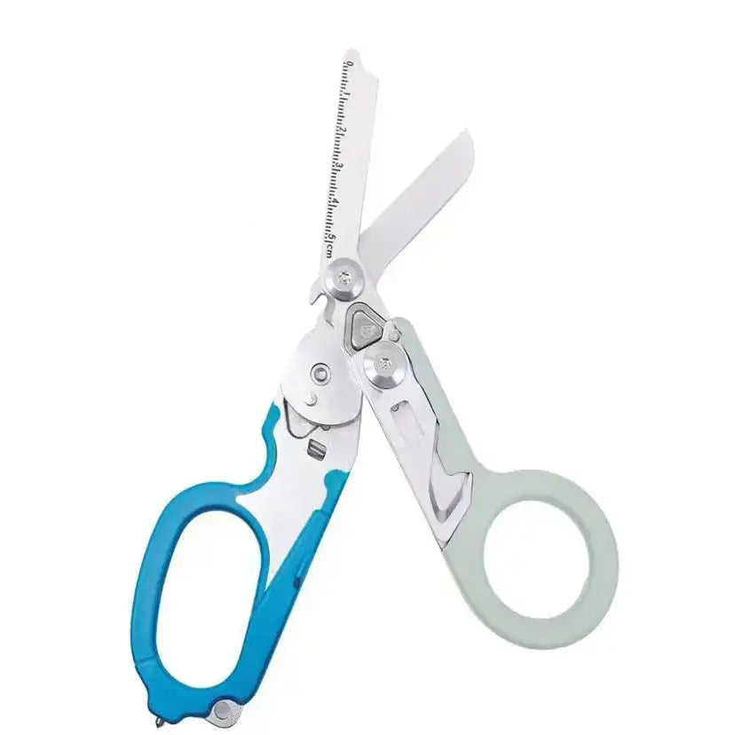 Multifunctional scissors with blue handles and various built-in tools.