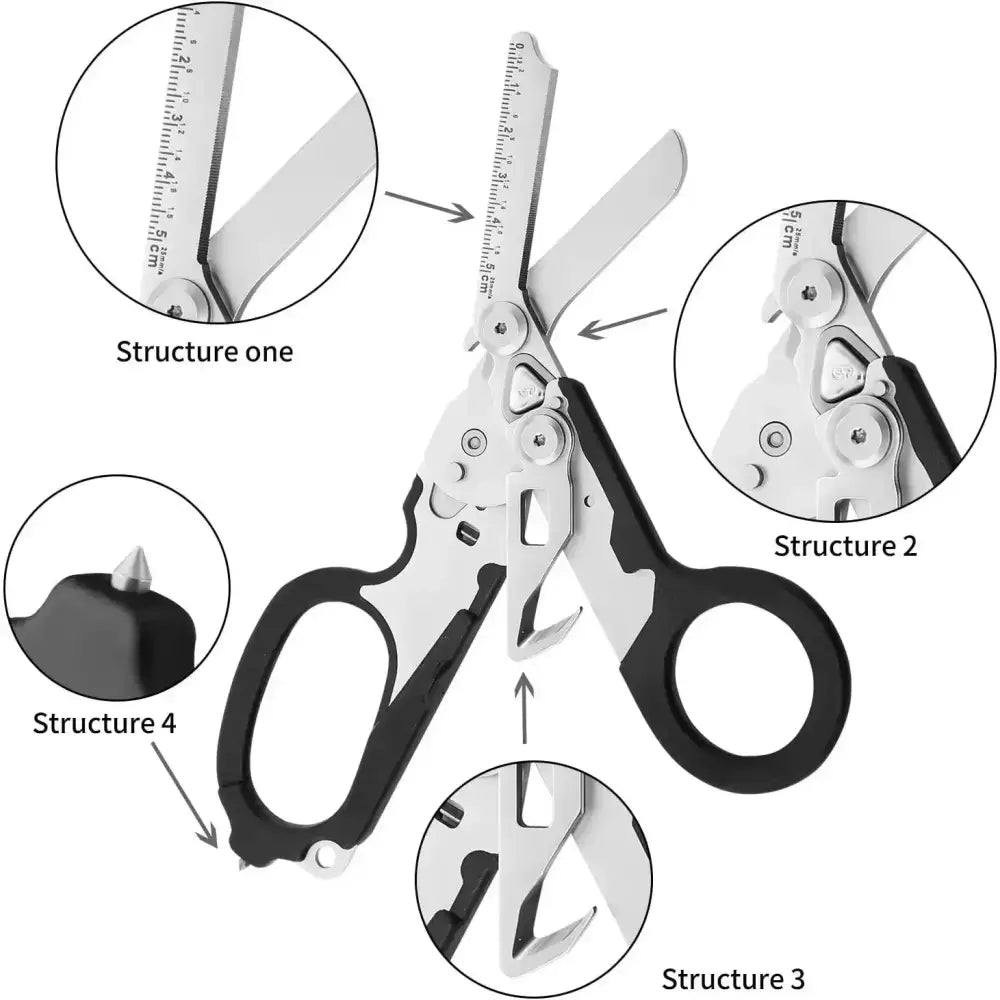 Multifunctional scissors with various built-in tools and features.