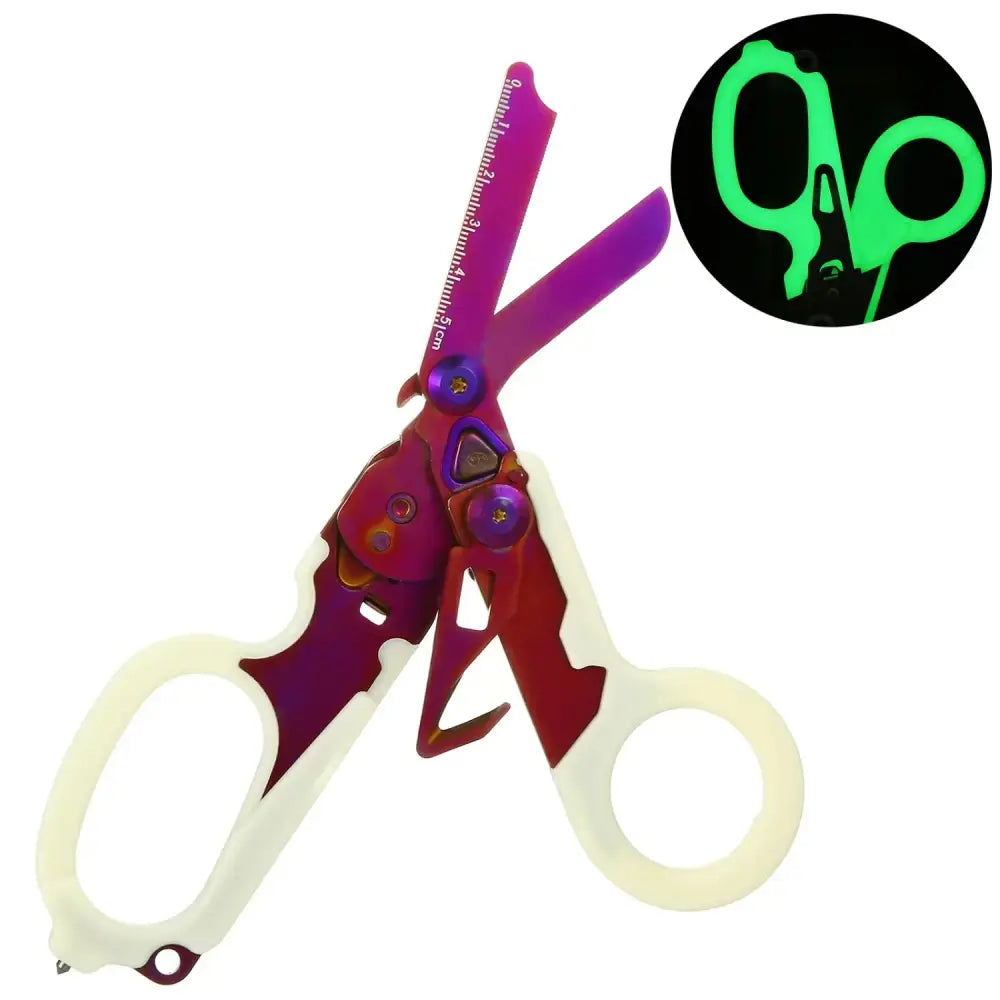 Colorful scissors with purple handles and white blades.