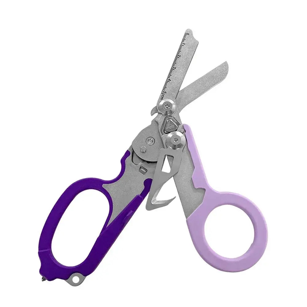 Scissors with purple and lavender handles and multiple blades.