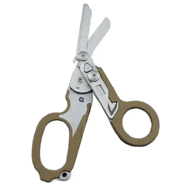 Folding scissors with tan handles and multiple tool attachments.