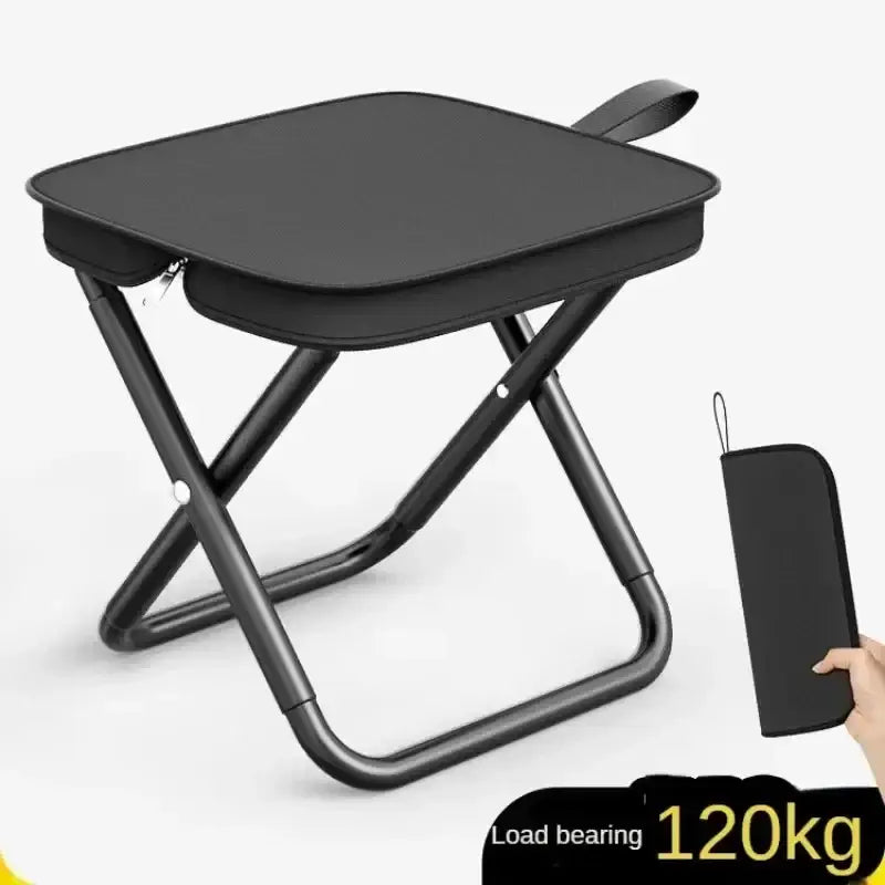 Folding stool with a square seat and metal frame.