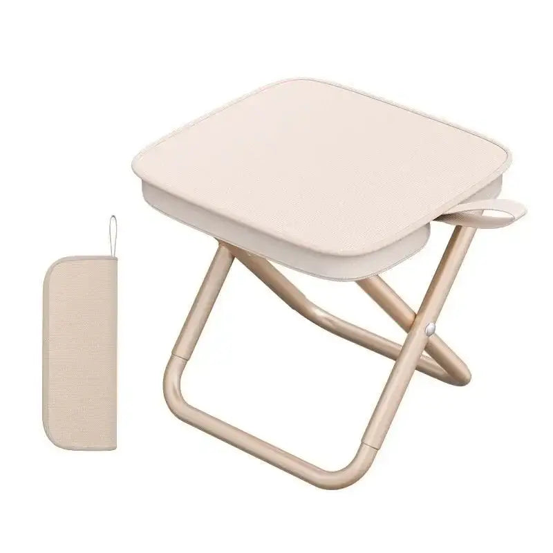 Folding stool or portable seat with a beige cushion and metal frame.