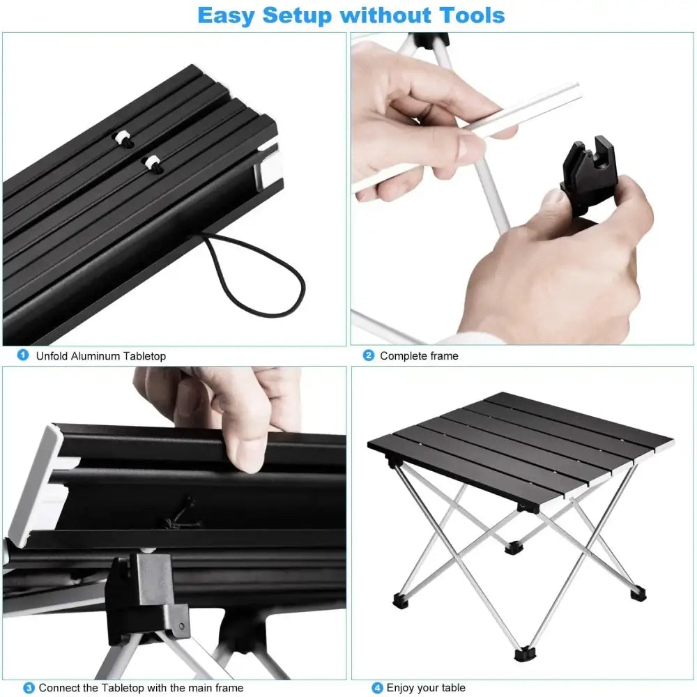 Portable folding camping table with aluminum slats and collapsible legs.