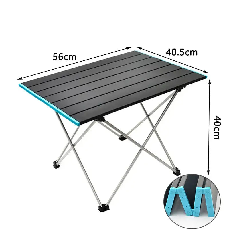 Portable folding camping table with aluminum slat top and lightweight frame.